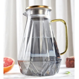 DUJUST schwarzer Glaskaraffe mit Deckel 2 Liter, Wasserkaraffe im Modernen Diamant Design, Glaskrug mit Griff für Fruchteinsatz, langlebig Hitzebeständig Wasserkrug für Eistee/Milch/Kaffee