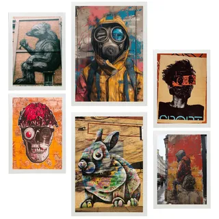 POSTER Set Mit 6 Graffiti Straßenkunst Im Banksy In Brauntönen A3 & A4 Weißer Rahmen