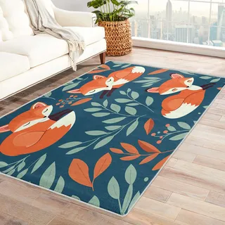 Generisch Wald Teppich Kinderzimmer - Teppich Wohnzimmer Schlafzimmer Mädchen Fuchs, Großer Teppich Waldtiere, Weich Kurzflor & Waschbar & rutschfest Wohnzimmerteppich, Bettvorleger 120x170 cm
