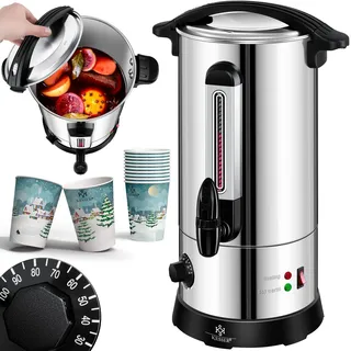Kesser KESSER® Glühweinkessel 10L Edelstahl Inkl. 10x Becher Glühweinkocher mit Thermostat Glühweinautomat Heißgetränkeautomat Wasserkocher Heißwasserspender Einkochautomat Füllstandanzeige Zapfhahn