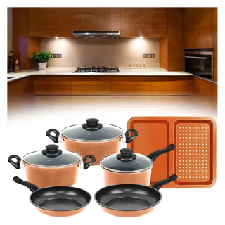 Herzberg Cooking Kochtopfset mit Glasdeckel, Topfset mit Backblech, Kupfer, 9tlg, Pfannenset + Topfset, Schwarz, Kupfer