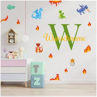 Wandsticker personalisiert Sticker Aquarell Tiere mit Name Wandtattoo für Kinderzimmer Babyzimmer Spielzimmer Mädchen Junge Y037 (Nr. 33 Drachen, Mit Wunschname)