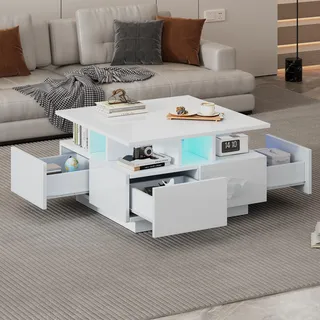Merax Couchtisch in Hochglanz Weiß, Moderne Wohnzimmertisch mit LED-Licht, Sofatisch Kaffeetisch mit 4 Schubladen, offene Aufbewahrung, Quadratische Beistelltische Mitteltisch für Wohnzimmer Büro