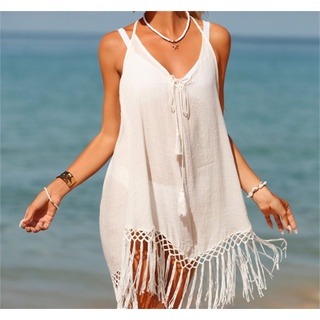 Wrathquake Strandkleid Lässiger Strand-Bikini-Überzug mit Neckholder und Fransen für Damen weiß