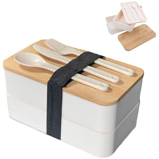 Intirilife Lunchbox, Bambus, Lunch Box Bento Box mit 3 Fächern und Besteck Brotdose weiß