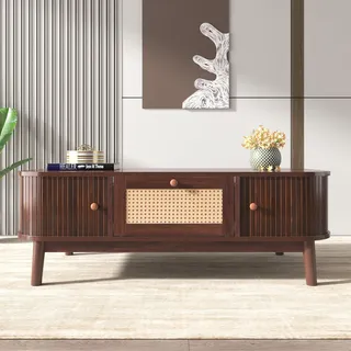 Merax Couchtisch Rattan Kaffeetisch mit Schubladen und Schiebetüren - Natürlicher Landhausstil 110 L x 55 B x38,5 H(cm) (Natürlich)