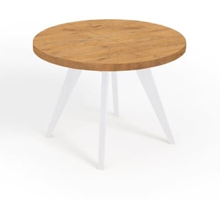 Runder Ausziehbarer Tisch für Esszimmer, LORA, Loft-Stil, Skandinavische, Durchmesser: 90 / 140 cm, Farbe: Eiche Lancelot / Weiß