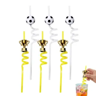 BCHMN 6er Set Fußball Strohhalme Wiederverwendbare Trinkhalme mit Fußball & Pokal Motiven - Fußball Party Deko & Mitgebsel für Kindergeburtstag, Sportparty und Fanartikel