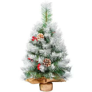 Weihnachtsbaum mit Schnee klein, Uten Tannenbaum geschmückt mit Tannenzapfen und rote Beeren, Zementbasis, Weihnachtsdeko, Geschenk