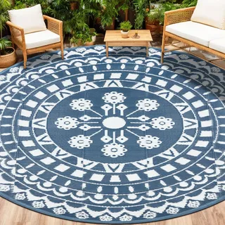 Capslpad Runder Outdoor-Terrassenteppich, ø 240 cm, wasserdicht, wendbar, Kunststoff, Strohteppich, Boho, runder Indoor-Outdoor-Bereich, Teppich für Garten, Wohnmobil, Camping, Balkon, Hinterhof,