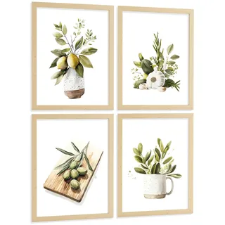 POSTER 4er Set Mediterrane Küchen-Wandbilder Zitronen Knoblauch Oliven Kräuter Aquarell Esszimmer Deko Rahmenlos A4