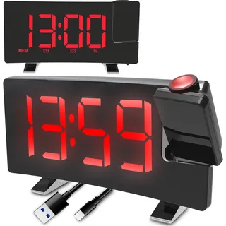 Retoo Projektionswecker Nachttisch Digitaluhr mit 180° Projektor, 8" LED-Anzeige Funkwecker für Schlafzimmer USB-Ladegerät Helligkeitsanpassung 15 FM Radiospeicher Wecker mit Projektion