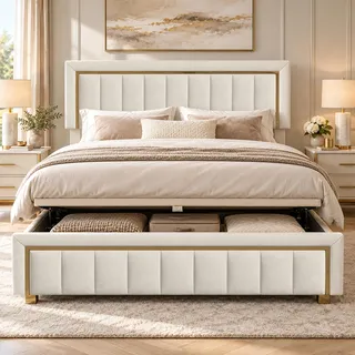 Bett mit Stauraum, Betten 160 x 200 Polsterbett mit Bettkasten Jugendbett Bettgestell mit Kopfteil und Lattenrost aus Holz Modern Hydraulisch Stauraumbett Rückenkissen Funktionsbett, Samt (Weiß)