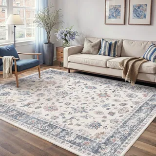 PureCozy Teppich Wohnzimmer 160x230cm Waschbarer Teppiche,Blau&Weiß
