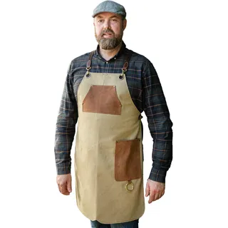 Angus Stoke Grillschürze aus hochwertigem Canvas & Echtleder – variable Kochschürze mit hochwertigen Leder-Riemen – Schürze für Küche, BBQ & Barista - Simon (L/XL) - L-XL