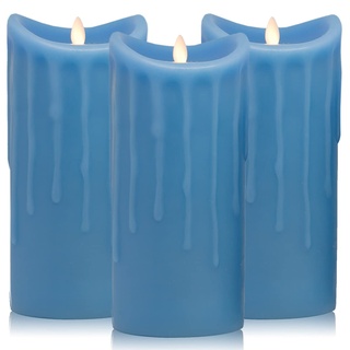 Tronje LED Echtwachskerzen 3er Set mit Timer - 23/23/23 cm Kerzen Blau Wachstropfen mit beweglicher Flamme