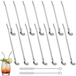 JIRVEX 14 Stück Löffelstrohhalme Edelstahl mit Bürsten, 21 cm Slush Eis Löffel Mit Strohhalm, lange Eiskaffee Löffel Trinkhalme für Slushy, Smoothies, Milchshakes, Desserts, Cocktails