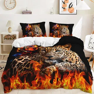 Yaofeiou 3D Effekt Tier Bettwäsche 135x200 Leoparden und Flammen Muster Bettwasche Schwarz Weiß Wendebettwäsche Mikrofaser Bettbezug Einzelbett Mädchen Jungen bettwäsche mit 1 Kissenbezug 80x80