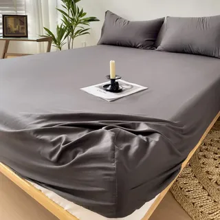 Lirzxin Spannbettlaken 180x220 cm, Boxspringbett Bambus Faser Einfarbig Bettlaken Doppelbett und 2 Kissenbezug Weiches und Atmungsaktives, Dunkelgrau