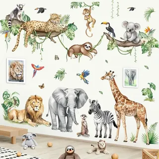 Omgoods - Wandsticker Dschungeltiere - Große Wandsticker Safari - Elefant/Giraffe/Leopard - Tropische Blätter - Dekoration für Kinderzimmer - Wa... - Bunt