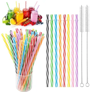 50 Stück Wiederverwendbare Strohhalme Trinkröhrchen plastik Bunte Kunststoff-Strohhalme Trinkhalme für Smoothies Saft, Cocktail, Heißgetränk, Mit ReinigungsbüRste Trinkhalm