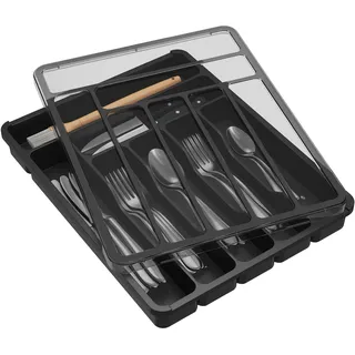 Lifewit Besteckkasten mit Deckel für Küchenschublade und Arbeitsplatte | 7 Fächer Besteckaufbewahrung, Besteckkasten aus Kunststoff für Löffel, Gabeln, Messer, Einsatz, 36,6 x 29 cm, Schwarz