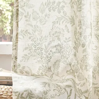 Lazzzy Leinen-Vorhänge, Bauernhaus-Vorhänge mit grünem Blumendruck, 160 cm, Lange Schlaufen auf der Rückseite, für Wohnzimmer, Schlafzimmer, halbtransparent, Gemustert, Landhaus-Vintage-Vorhänge, 2
