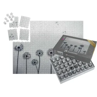 puzzleYOU: SMART Sorted® | Puzzle 1000 Teile leicht gemacht „Kunstfotografie: Pusteblumen im Regen, schwarz-weiß“ – aus der Puzzle-Kollektion Fotokunst