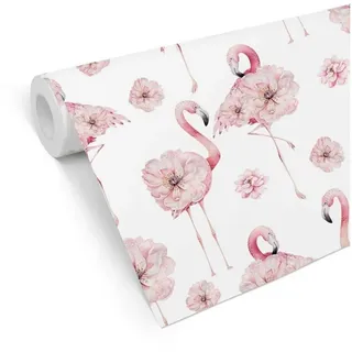 K&L Wall Art Mustertapete Rosa Pfingstrosen Vogeltapete Mädchen Kinderzimmer Vliestapete Pink, Flamingo Tapete weiß 0.48 m x 5.28 m