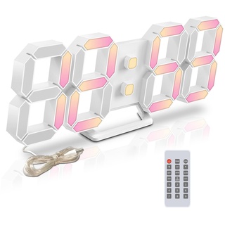 Deeyaple LED Wanduhr Digital Wecker 3D Uhr Dimmbar Snooze USB 12/24Stunden Datum Temperaturanzeige Fernbedienung Nachtlicht Wohnzimmer Küche Schlafzimmer Büro 25cm (Bunt)