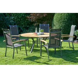 HARTMAN Provence / Alice Garten-Essgruppe, xerix/schwarz, Alu/Teakholz, 4x4 Textilen, 5 Stapelsessel, Ø150cm, inkl. Eiskühler