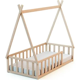 WEBABY - Bodenbett Babybett Holz 70 x 140 cm Buche Natur | Gitterbett mit Lattenrost inklusive | Schlafkomfort | Autonomie | MassivHolz | Cabane - Naturbelassen