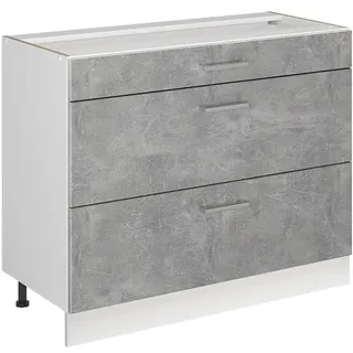 Vicco Küchenunterschrank R-Line, Beton/Weiß 100 cm | 3 Schubladen · Ohne Arbeitsplatte · Höhenverst. Füße · ✓ Leichter Zugriff · ✓ Frei kombinierbar