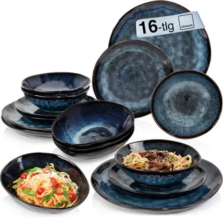 Sänger | Tafelservice Tokio 16 tlg, Geschirrset 4 Personen, Steingut Tableware Set, Essgeschirr, Modern Handmade, Essservice Dunkelblau mit schwarzen Akzenten| PREMIUM COLLECTION