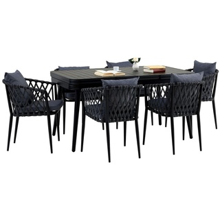 Gartenmöbel Set SUNNY mit 1 ausziehbaren Esstisch und 6 Stühlen, Esstisch Gestell aus Alu in schwarz, Seilbespannung der Stühle in grau, Essgrup...