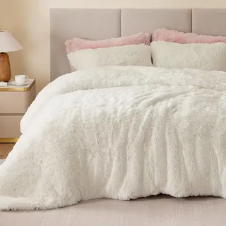 Sacebeleu Plüsch Bettwäsche Set 200x220cm Weiß Creme Warme Winter Flauschig Flanell Biber Mädchen Bettbezug Deckenbezug mit Reißverschluss und 2 Kissenbezug 80x80cm Doppelbett