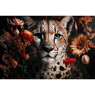 STYLER Glasbild Leo & Flowers 80 x 120 cm I Wandbild aus Glas modern für Wohnzimmer Schlafzimmer Büro Flur I groß XXL ausgefallen Leopard Blumen rot