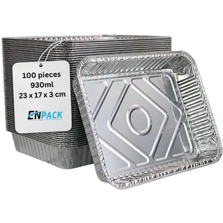 Enpack Aluschale R879-930G - 100 Stück Alu Grillschalen 226x176x30 mm - Feuerfeste Aluschalen 1000ml - Tropfschale/Fettauffangschale zum Grillen, Auflaufform - Aluschalen Grill - Grilltropfschale