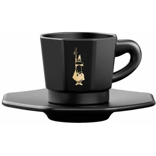 Bialetti achteckige Espressotassen 4er Set mit Unterteller Porzellan Schwarz