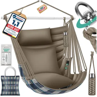 KESSER Hängesessel Haiti 150kg Traglast, Indoor & Outdoor Hängestuhl (Hängeschaukel mit 2 Kissen, Tragetasche, Flaschenhalter & Montage-Set), 360° Hängematte Pflegeleicht, UV-beständig & Wasserfest braun
