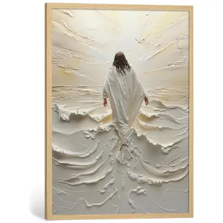 Wandkunst, Naturholz, Jesus auf dem Wasser, religiöse Wanddekoration, gerahmt, Jesus Christus, Bilder für Wand, christliche Poster für Schlafzimmer, Bibelschrift, Leinwandkunst für Wohnzimmer, 30,5 x