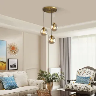 VTAMng Hängende Beleuchtung Glaskugel Kronleuchter Kücheninsel 3 Lichter abgehängte Deckenlampe höhenverstellbar Kugel Lampenschirm Hängeleuchte Gold für Esszimmer Schlafzimmer Flur Pendelleuchte(Oran