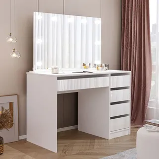 Idohome Schminktisch mit Spiegel, Schminkkommode modern, Frisiertisch mit Schubladen, Kosmetiktisch mit LED-Licht, Schmuckschrank Weiß Hochglanz B... - Weiß