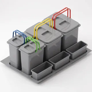 FurniFit Mülltrennsystem Küche für 80 cm Schrank 4-fach 72,5x49x40 cm (2x 20L + 2x 9L) mit Deckel Einbau Abfallsammler für Schubladen Küchenabfalleimer Abfalltrennung Abfallbehälter Set Silberfarben