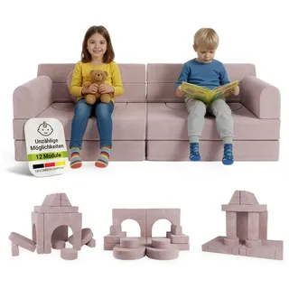 Juskys Kindersofa Kayo, 12 Teile, Modulares Spielsofa, Waschbare Cord-Bezüge, 12-teiliges Set mit Kissen rosa