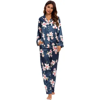 GOSO Damen Pyjamas Set-Satin Pyjamas Damen Button Down Pjs Langarm Top und Hosen Nachtwäsche Lady Nachtwäsche Weiche Sets - M