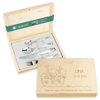 LAUBLUST Kinderbesteck mit Namensgravur - Arche Noah Gravur & Geschenkbox natur | Besteck mit Namen - Geschenk zur Taufe für Kinder - Taufgeschenke für Jungen, Mädchen | Personalisierte Erinnerungsbox