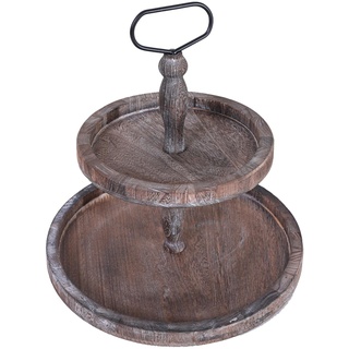 Kisbeibi Etagere mit 2 Etagen, rustikales Holz, zweistöckiges Tablett mit rundem dekorativem Metallgriff, Kuchenständer für Küchentisch, dunkelbraun