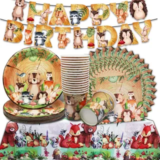 Dschungel Tiere Party Geschirr Geburtstag Deko im Herbst,Dschungel Safari Partygeschirr Set,Kindergeburtstag Banner für 20 Gäste, Teller Animals Tassen Servietten Tischdecke