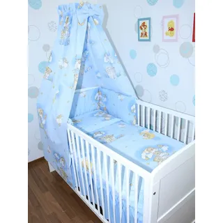 Primawela Baby Bettset - 6 teiliges Set mit Vollstoff Himmel Bettwäsche Nestchen 23. Bärchen auf Leitern Blau